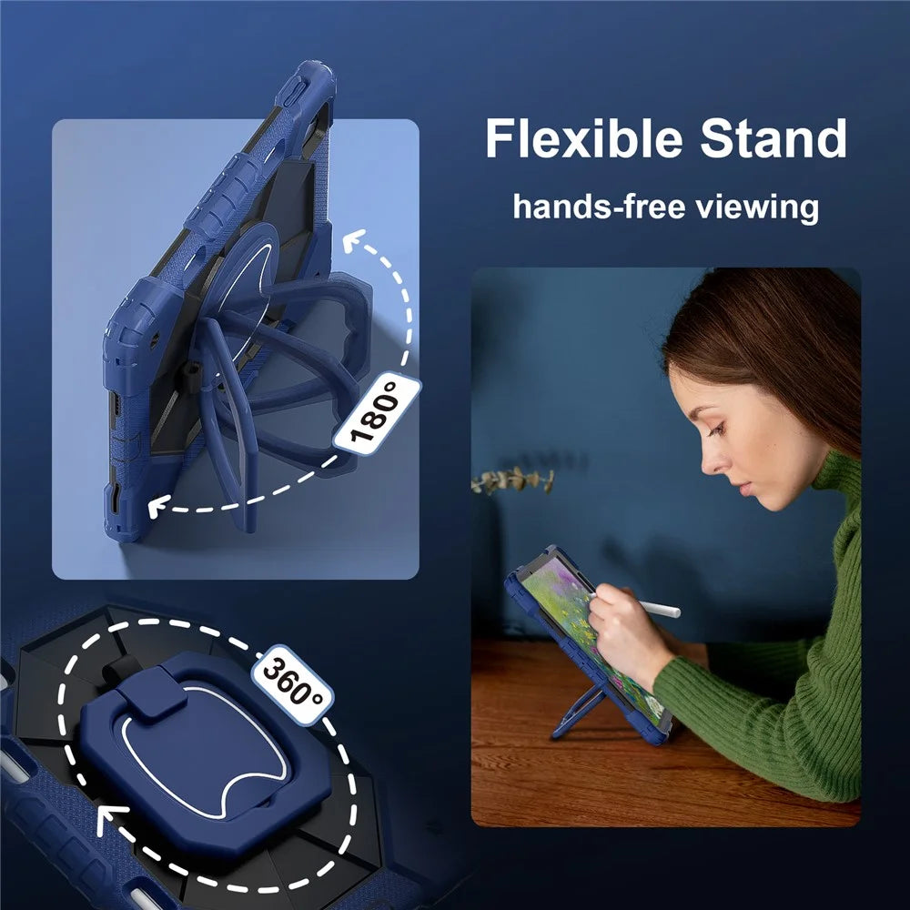 For iPad Air 11 (2026) / (2025) / (2024) Case with Shoulder Strap Silicone+PC Kickstand Tablet Cover - Navy Blue+Black - 5