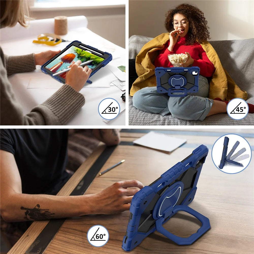 For iPad Air 11 (2026) / (2025) / (2024) Case with Shoulder Strap Silicone+PC Kickstand Tablet Cover - Navy Blue+Black - 6