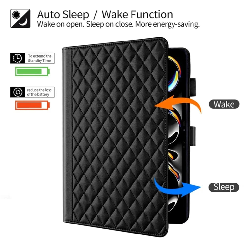 For iPad Pro 11 (2025) / 11 (2024) Case Rhombus Grid PU Leather Stand Tablet Cover with Card Slot - Black - 4
