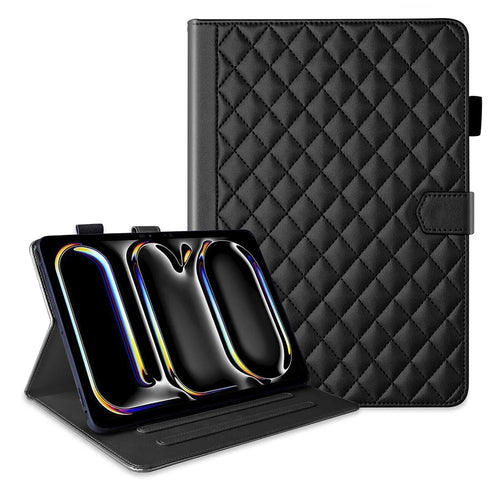 For iPad Pro 13 (2025) / 13 (2024) Case Card Holder Rhombus Grid PU Leather Stand Tablet Cover - Black - 1