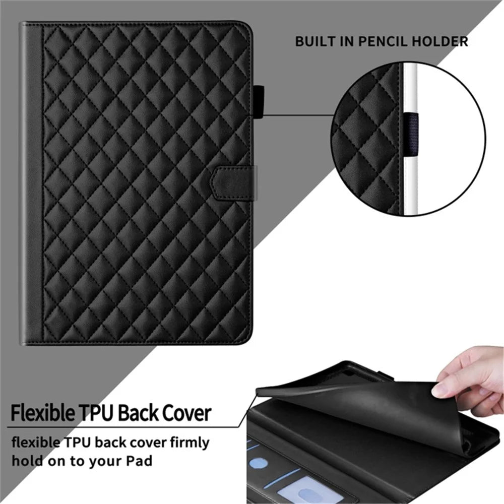 For iPad Pro 13 (2025) / 13 (2024) Case Card Holder Rhombus Grid PU Leather Stand Tablet Cover - Black - 6