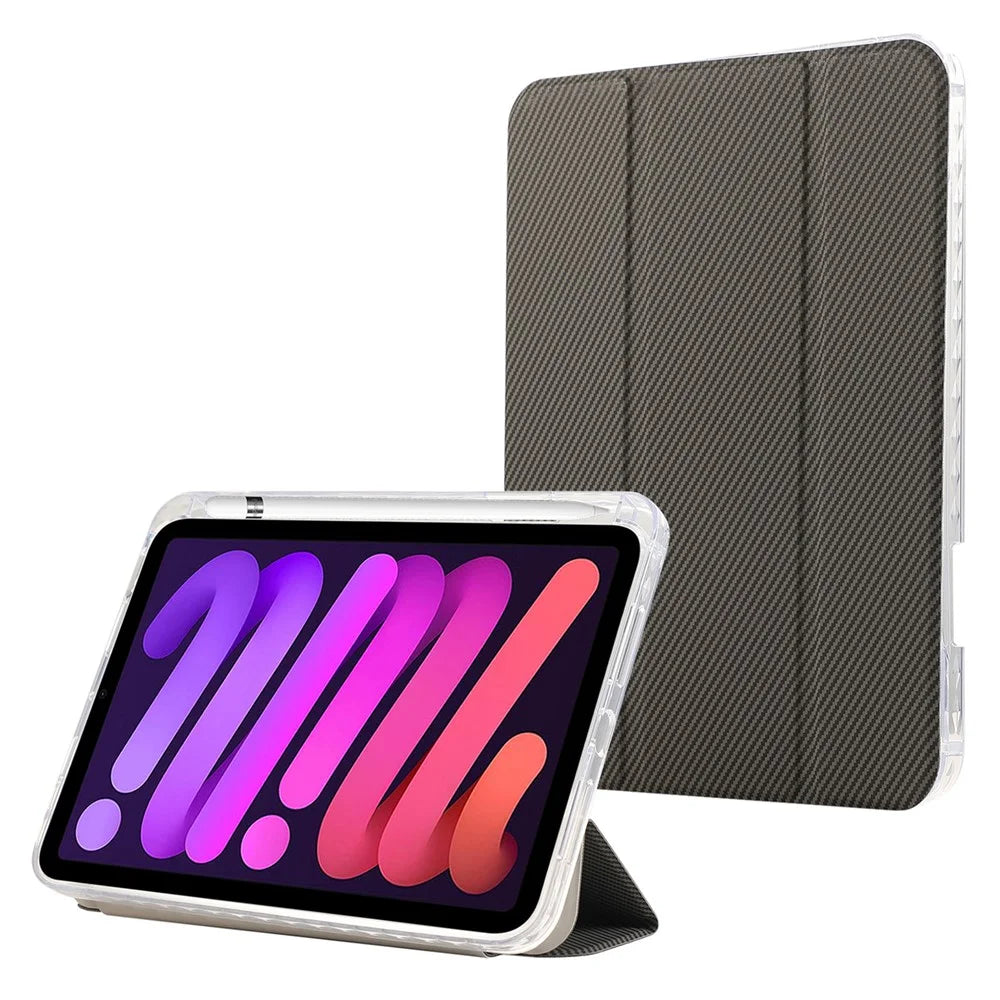 For iPad mini (2024) / mini (2021) Case Carbon Fiber Texture Leather+Clear Acrylic+TPU Stand Tablet Cover - Gold - 1