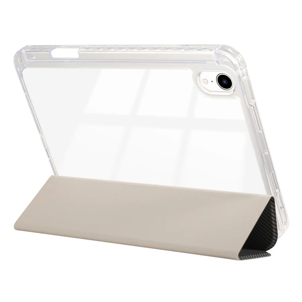 For iPad mini (2024) / mini (2021) Case Carbon Fiber Texture Leather+Clear Acrylic+TPU Stand Tablet Cover - Gold - 3
