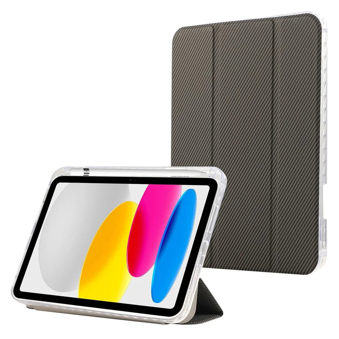 For iPad (2025) / 10.9 (2022) Case Tri-Fold Stand Leather Tablet Cover Auto Wake / Sleep Carbon Fiber Texture - Gold - 1