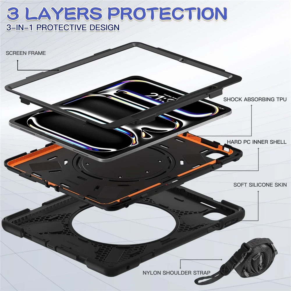 For iPad Pro 13 (2025) / (2024) Case with Shoulder Strap TPU+PC+Silicone Kickstand Tablet Cover - 3