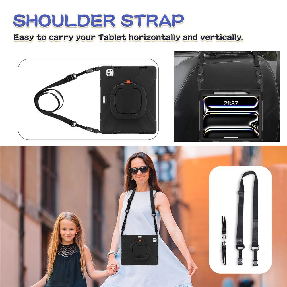 For iPad Pro 13 (2025) / (2024) Case with Shoulder Strap TPU+PC+Silicone Kickstand Tablet Cover - 5