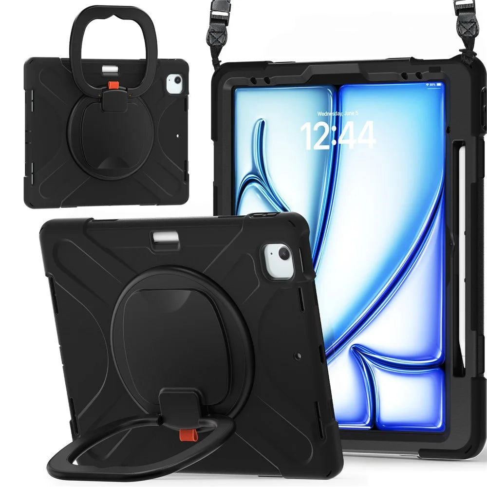 For iPad Air 13 (2026) / (2025) / (2024) / Pro 12.9 (2022) / (2021) / (2020) / (2018) Case Tablet Cover with Shoulder Strap - Black - 2