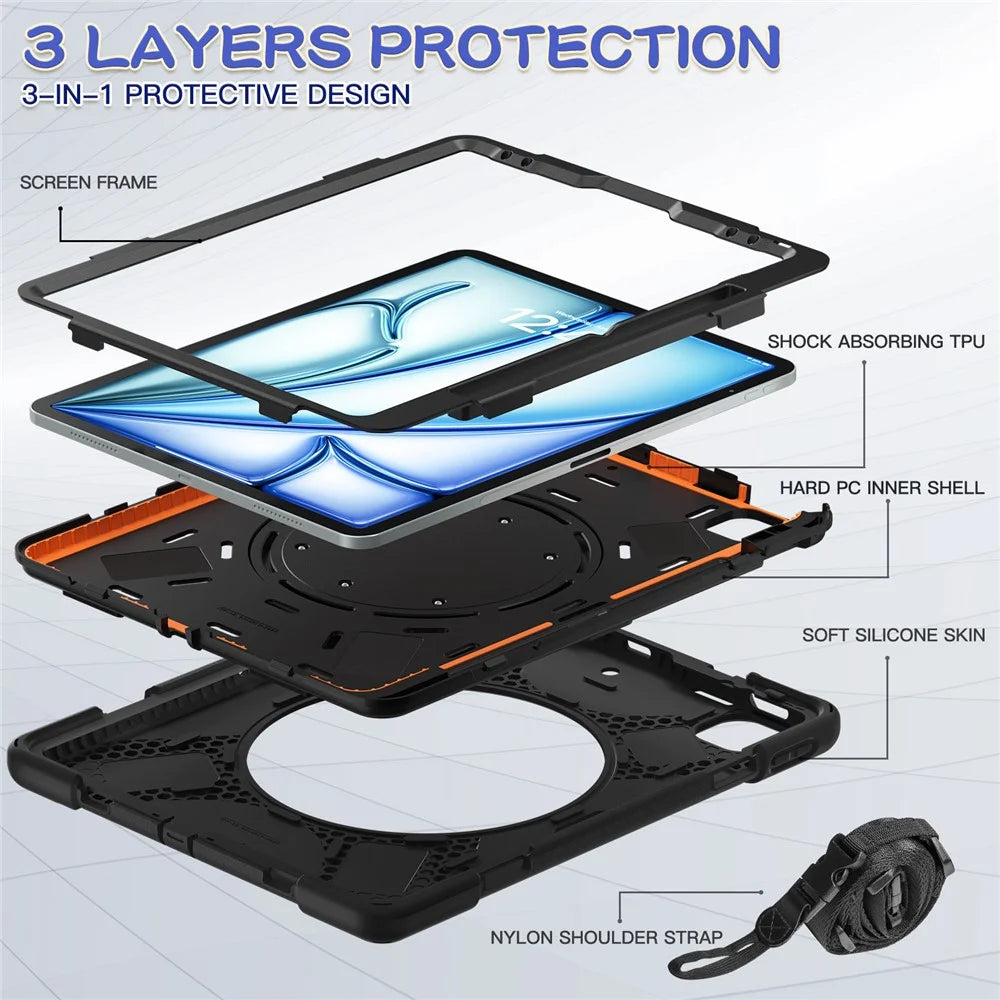 For iPad Air 13 (2026) / (2025) / (2024) / Pro 12.9 (2022) / (2021) / (2020) / (2018) Case Tablet Cover with Shoulder Strap - Black - 3