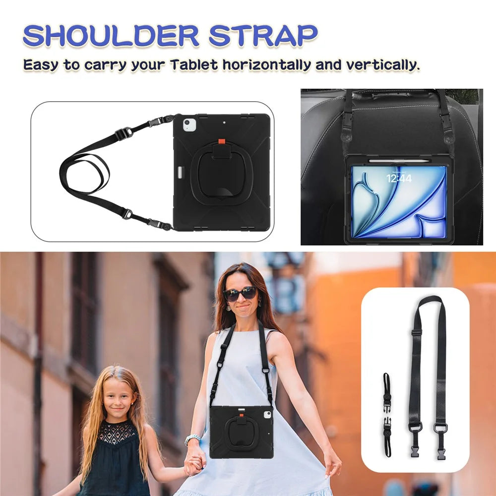 For iPad Air 13 (2026) / (2025) / (2024) / Pro 12.9 (2022) / (2021) / (2020) / (2018) Case Tablet Cover with Shoulder Strap - Black - 5