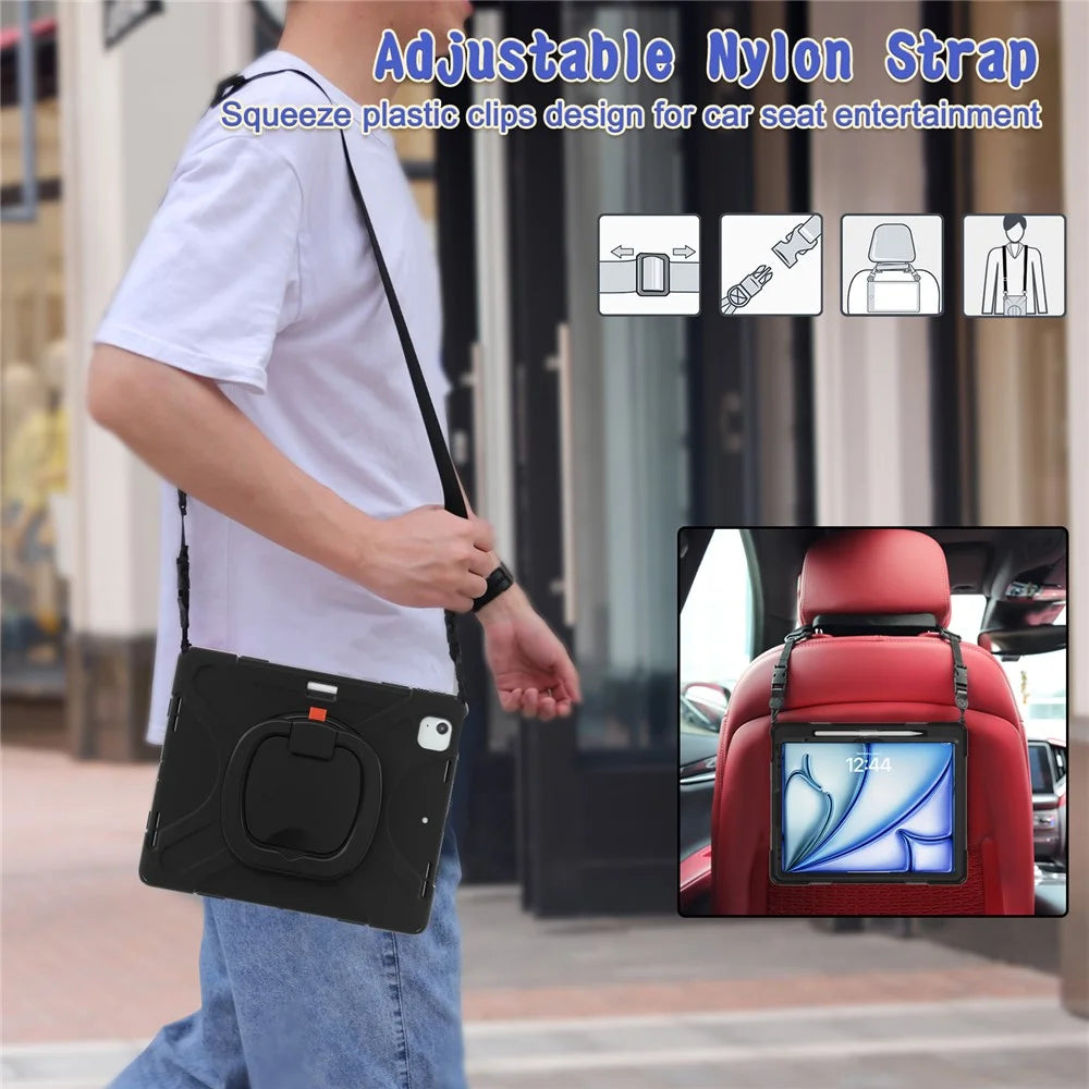 For iPad Air 13 (2026) / (2025) / (2024) / Pro 12.9 (2022) / (2021) / (2020) / (2018) Case Tablet Cover with Shoulder Strap - Black - 6