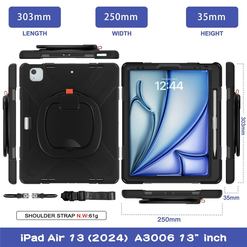 For iPad Air 13 (2026) / (2025) / (2024) / Pro 12.9 (2022) / (2021) / (2020) / (2018) Case Tablet Cover with Shoulder Strap - Black - 7