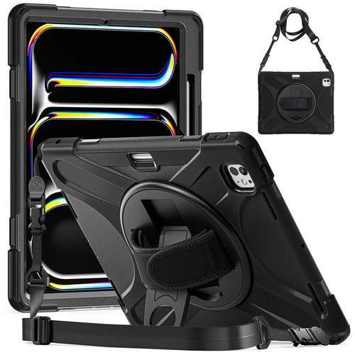 For iPad Pro 13 (2025) / 13 (2024) Case Kickstand Pen Slot TPU+PC+Silicone Tablet Cover with Shoulder Strap - Black - 1