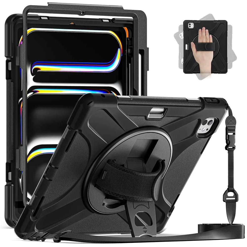 For iPad Pro 13 (2025) / 13 (2024) Case Kickstand Pen Slot TPU+PC+Silicone Tablet Cover with Shoulder Strap - Black - 2