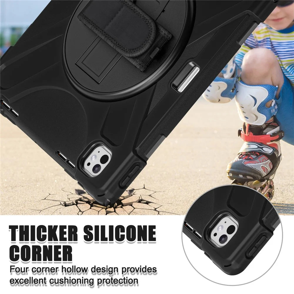 For iPad Pro 13 (2025) / 13 (2024) Case Kickstand Pen Slot TPU+PC+Silicone Tablet Cover with Shoulder Strap - Black - 4
