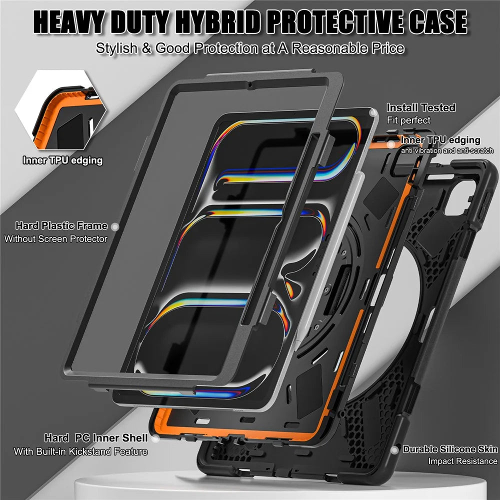 For iPad Pro 13 (2025) / 13 (2024) Case Kickstand Pen Slot TPU+PC+Silicone Tablet Cover with Shoulder Strap - Black - 7