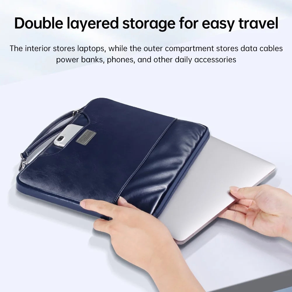 PU Leather Laptop Sleeve for 13-14 Inch Notebooks Portable Storage Bag - Blue - 2