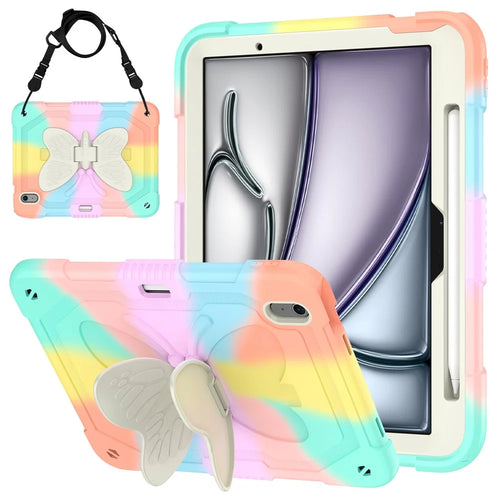 For iPad Air 11 (2026) / (2025) / (2024) Case Butterfly Kickstand Silicone+PC Tablet Cover with Shoulder Strap - 1