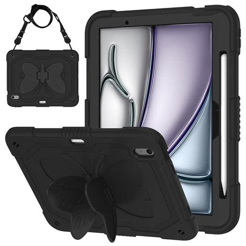For iPad Air 11 (2026) / (2025) / (2024) Case with Shoulder Strap Silicone + PC Tablet Cover Butterfly Wings Kickstand - Black - 1