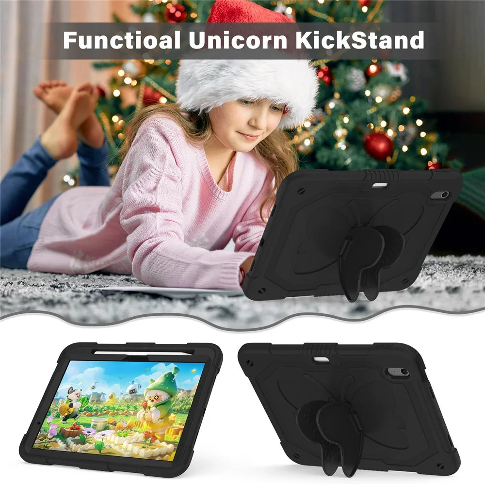 For iPad Air 11 (2026) / (2025) / (2024) Case with Shoulder Strap Silicone + PC Tablet Cover Butterfly Wings Kickstand - Black - 2
