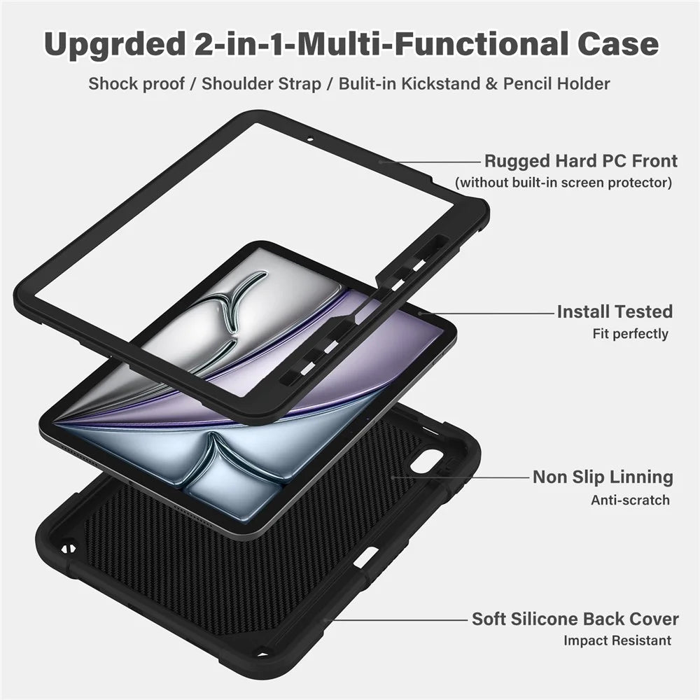 For iPad Air 11 (2026) / (2025) / (2024) Case with Shoulder Strap Silicone + PC Tablet Cover Butterfly Wings Kickstand - Black - 3