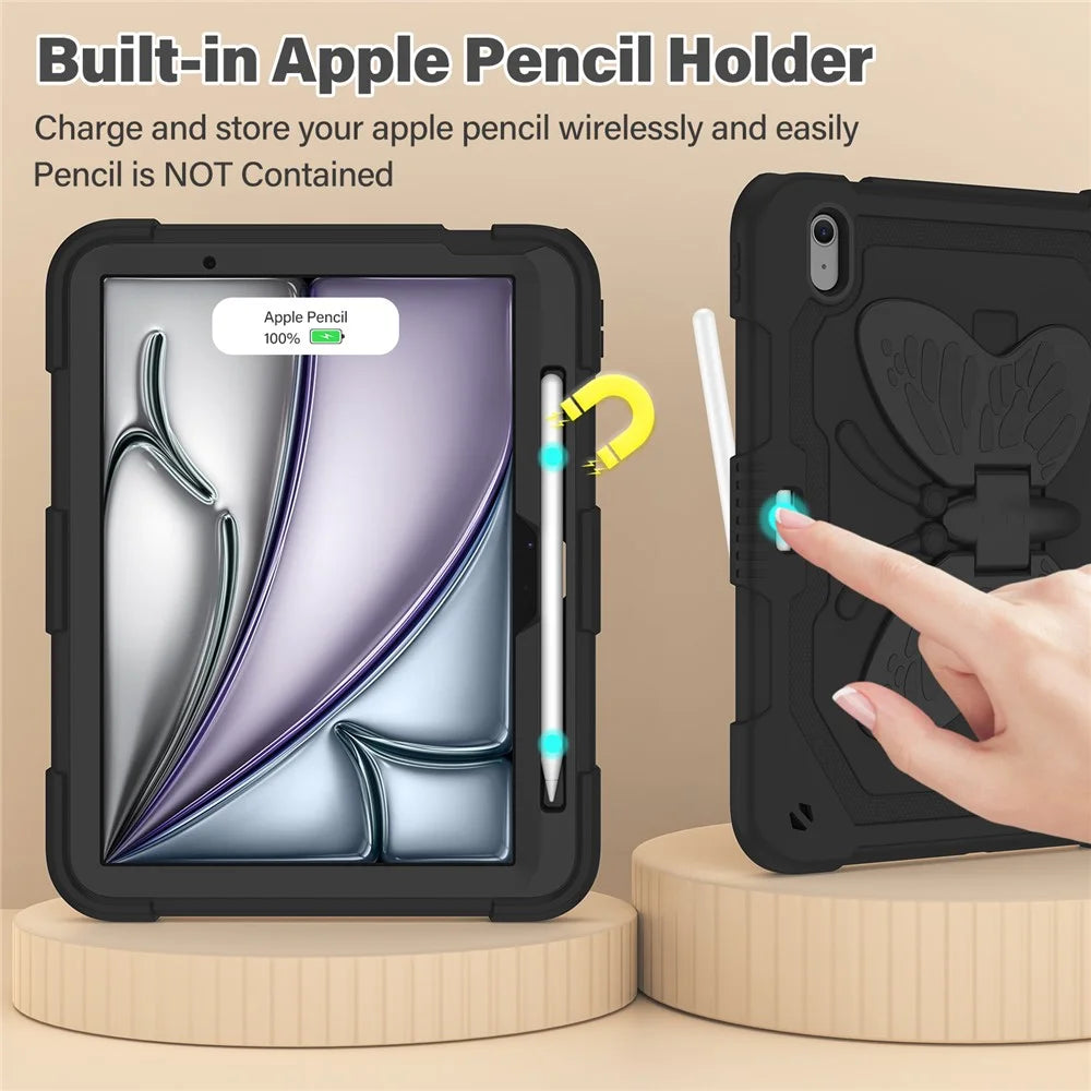 For iPad Air 11 (2026) / (2025) / (2024) Case with Shoulder Strap Silicone + PC Tablet Cover Butterfly Wings Kickstand - Black - 4