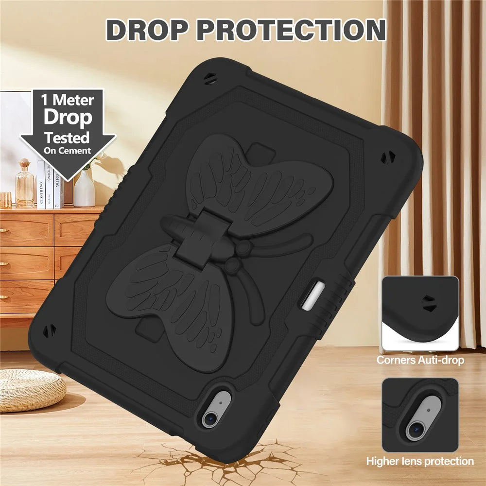 For iPad Air 11 (2026) / (2025) / (2024) Case with Shoulder Strap Silicone + PC Tablet Cover Butterfly Wings Kickstand - Black - 5
