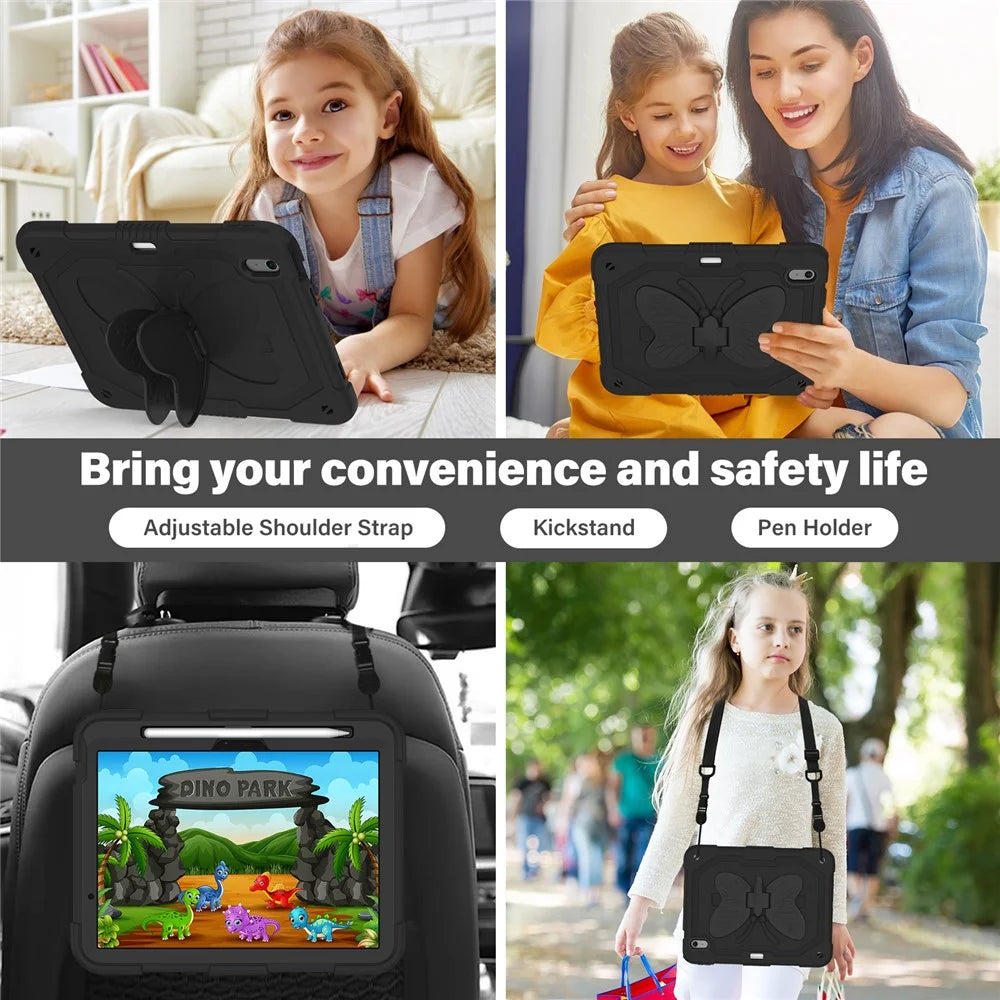 For iPad Air 11 (2026) / (2025) / (2024) Case with Shoulder Strap Silicone + PC Tablet Cover Butterfly Wings Kickstand - Black - 6