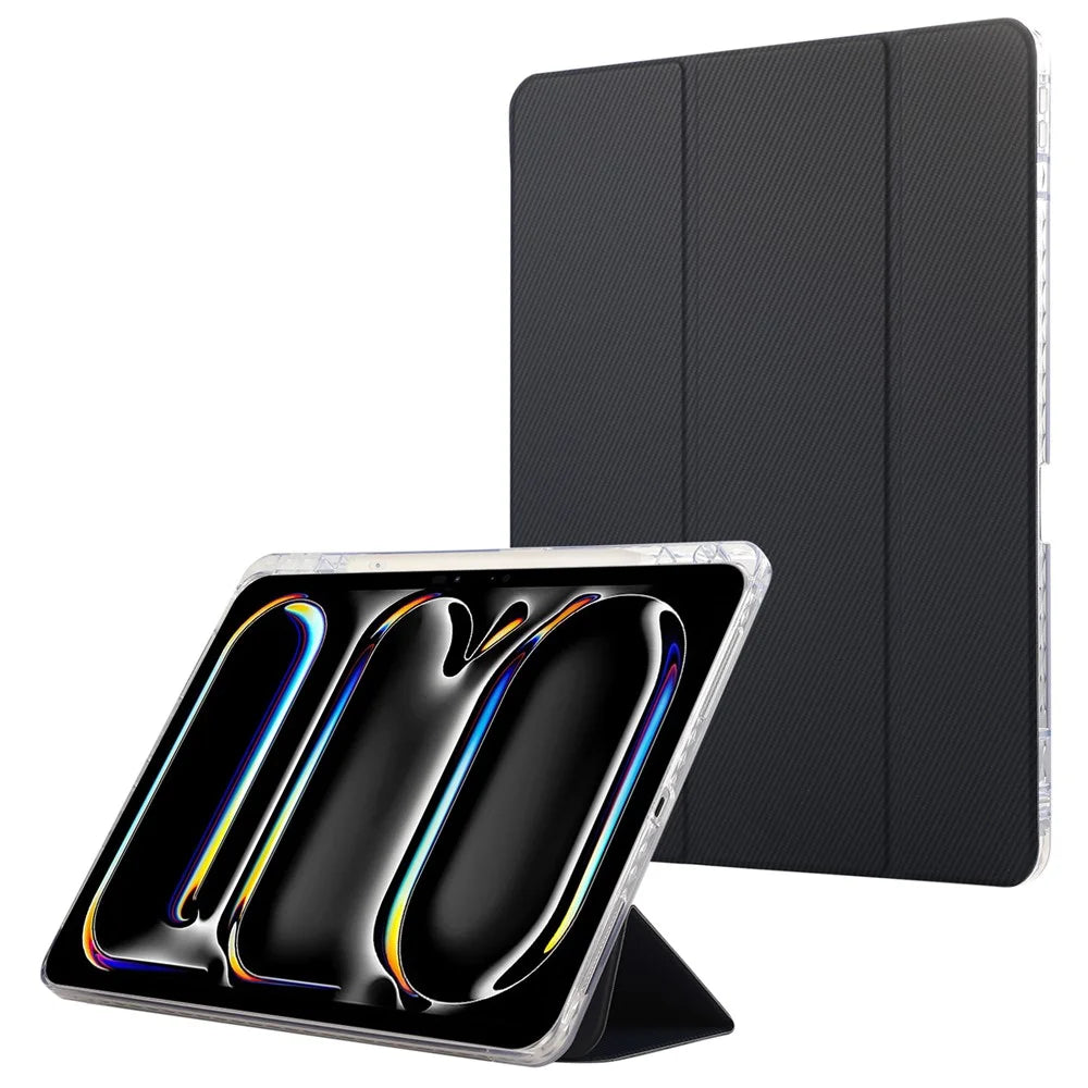 For iPad Pro 11 (2025) / 11 (2024) Case Tri-Fold Stand Leather Smart Tablet Cover Carbon Fiber Texture - Dark Blue - 1