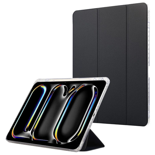 For iPad Pro 11 (2025) / 11 (2024) Case Tri-Fold Stand Leather Smart Tablet Cover Carbon Fiber Texture - Dark Blue - 1