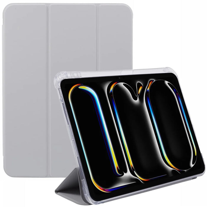For iPad Pro 11 (2025) / 11 (2024) Case Trifold Stand PU Leather+Clear TPU Tablet Cover with Pen Slot - Grey - 1