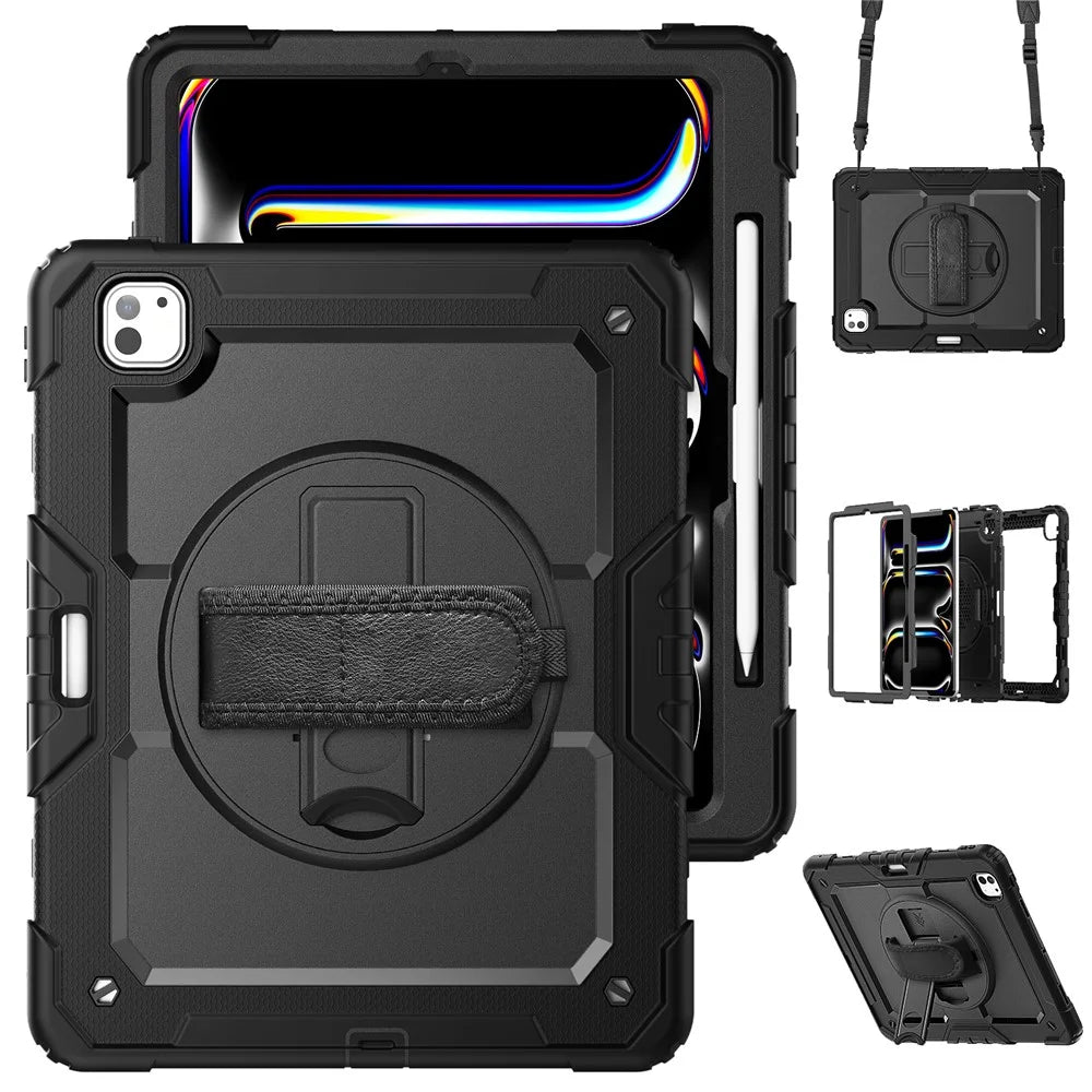 For iPad Pro 13 (2025) / 13 (2024) Kickstand Case PC+Silicone Tablet Cover with Screen Film / Shoulder Strap - Black - 1