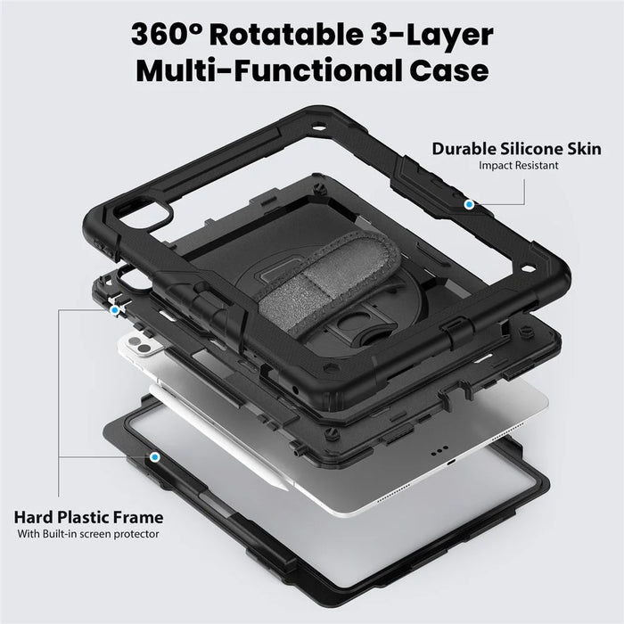 For iPad Pro 13 (2025) / 13 (2024) Kickstand Case PC+Silicone Tablet Cover with Screen Film / Shoulder Strap - Black - 4