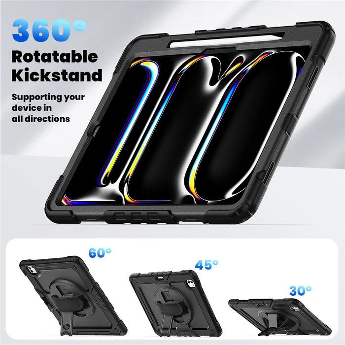 For iPad Pro 13 (2025) / 13 (2024) Kickstand Case PC+Silicone Tablet Cover with Screen Film / Shoulder Strap - Black - 7