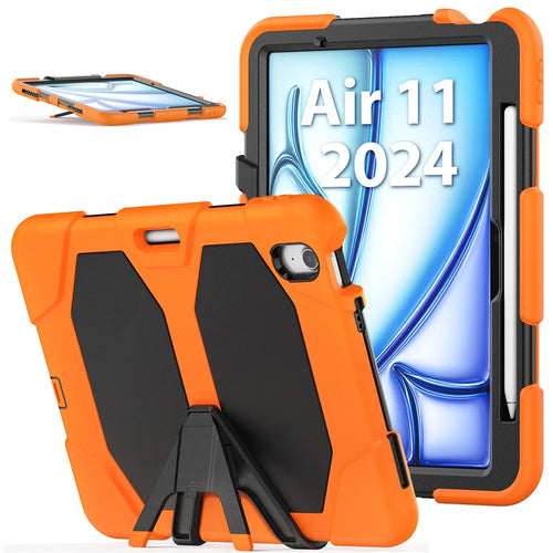 For iPad Air 11 (2026) / (2025) / (2024) Case with Built-In Screen Protector Kickstand PC + Silicone Tablet Cover - Orange - 1