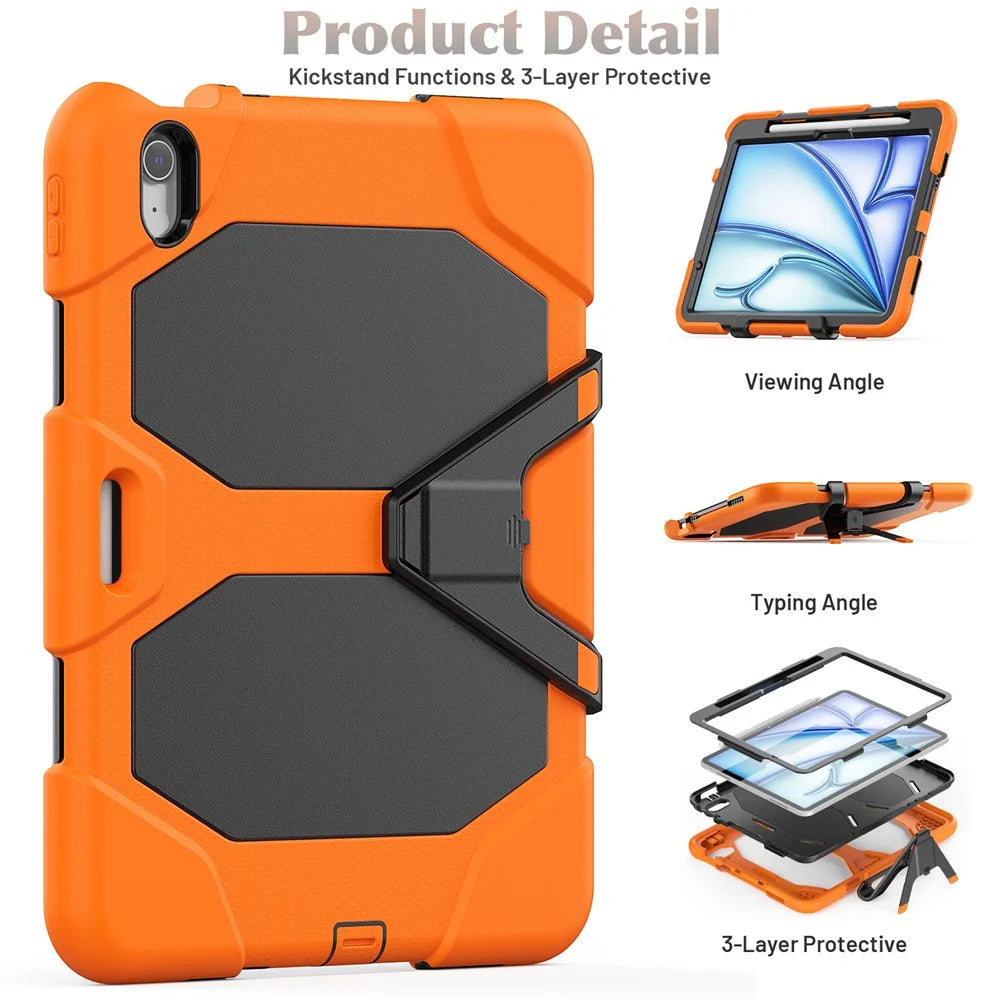 For iPad Air 11 (2026) / (2025) / (2024) Case with Built-In Screen Protector Kickstand PC + Silicone Tablet Cover - Orange - 3