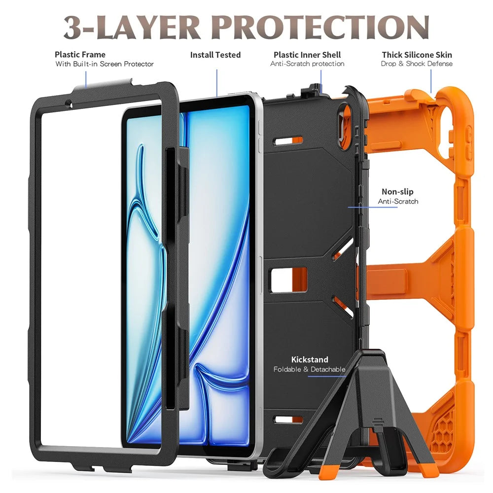 For iPad Air 11 (2026) / (2025) / (2024) Case with Built-In Screen Protector Kickstand PC + Silicone Tablet Cover - Orange - 4