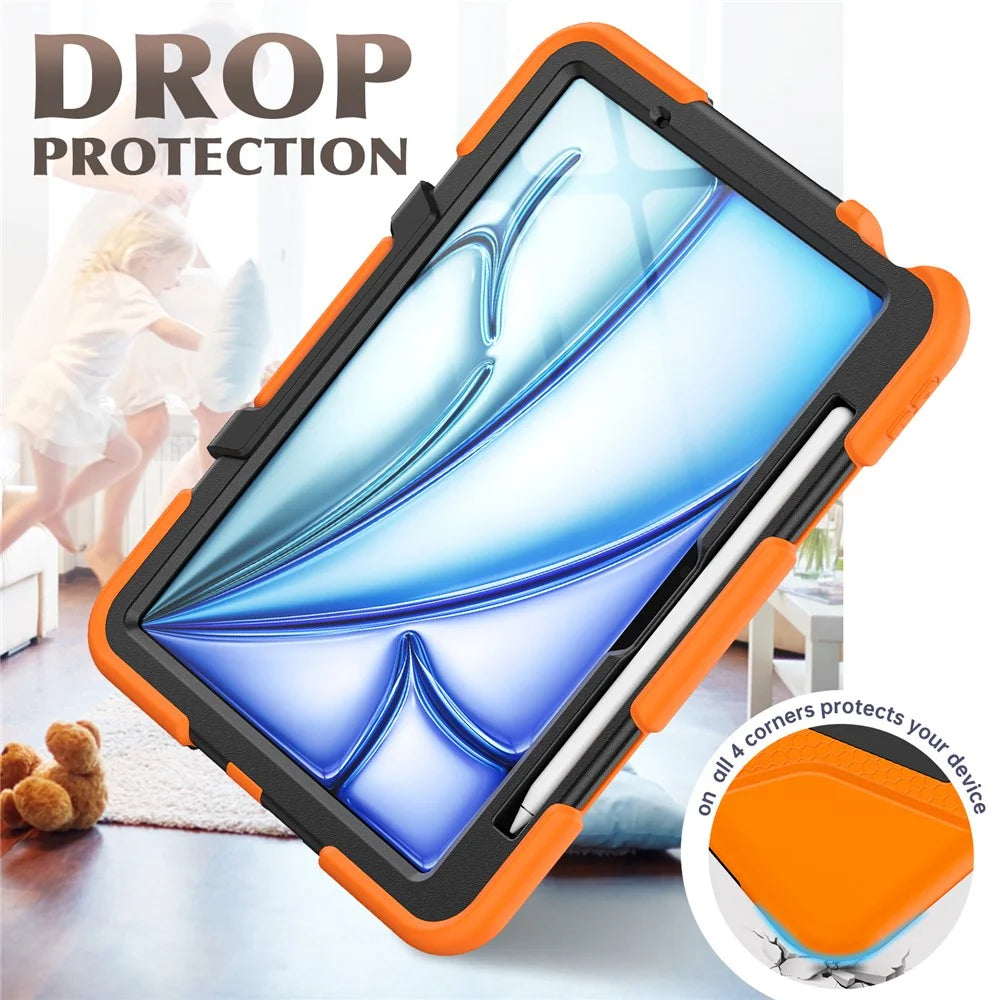 For iPad Air 11 (2026) / (2025) / (2024) Case with Built-In Screen Protector Kickstand PC + Silicone Tablet Cover - Orange - 5