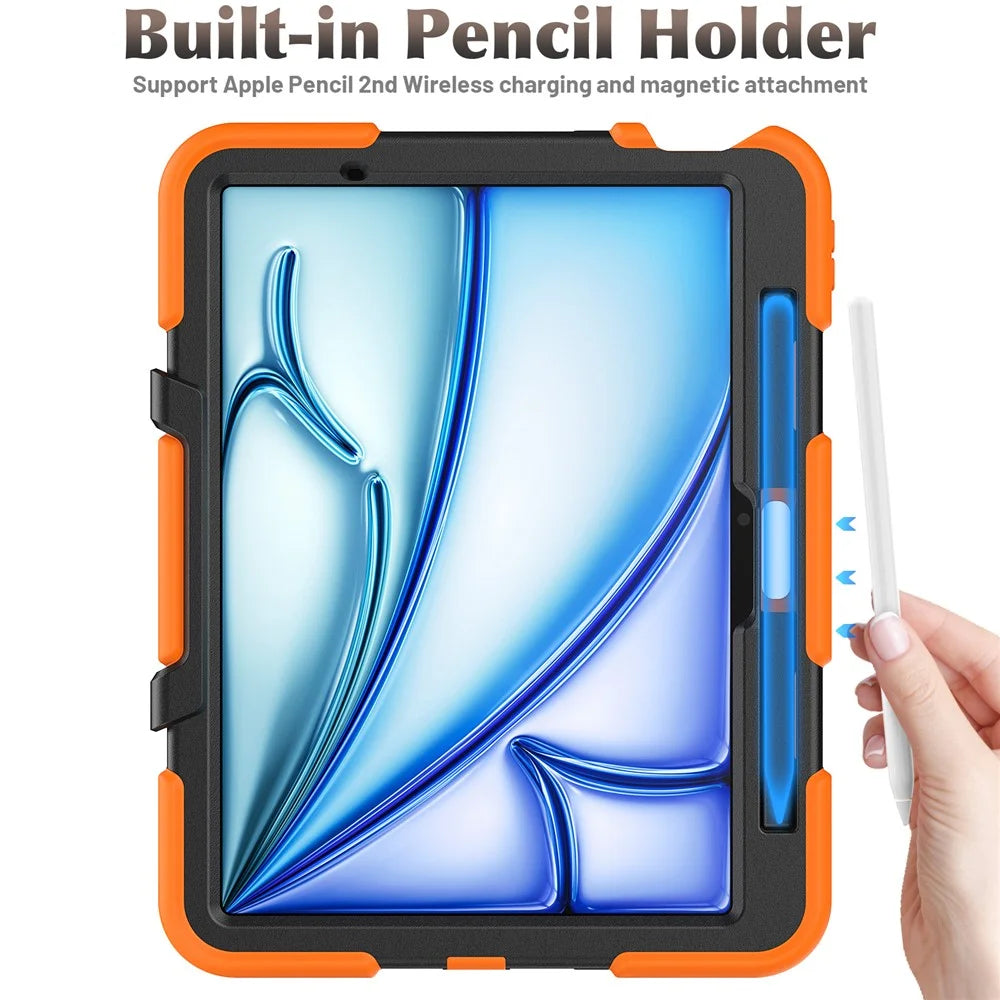 For iPad Air 11 (2026) / (2025) / (2024) Case with Built-In Screen Protector Kickstand PC + Silicone Tablet Cover - Orange - 7