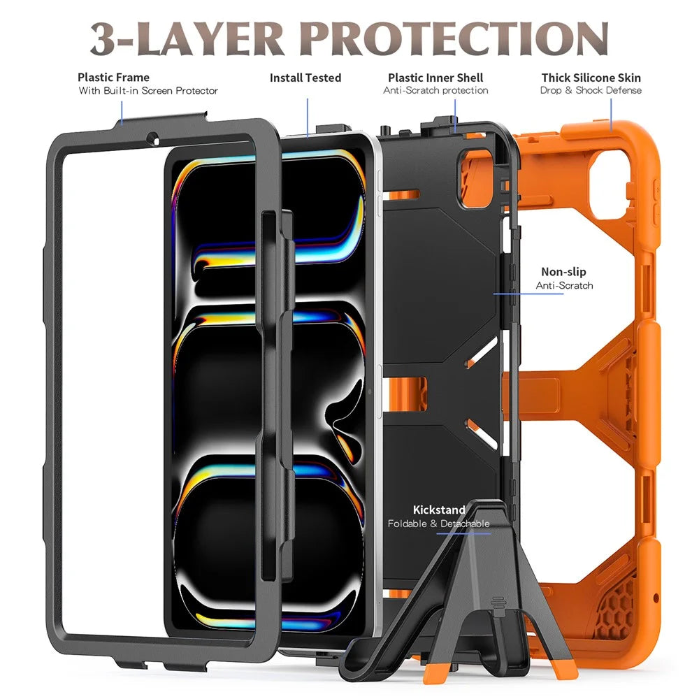 For iPad Pro 11 (2025) / 11 (2024) Case PC+Silicone Kickstand Tablet Cover with PET Screen Film - Orange - 4