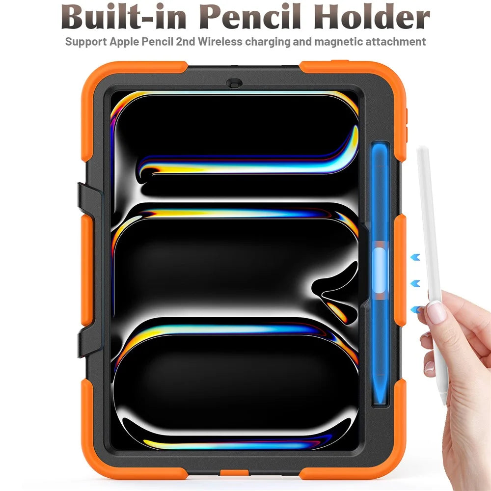 For iPad Pro 11 (2025) / 11 (2024) Case PC+Silicone Kickstand Tablet Cover with PET Screen Film - Orange - 7