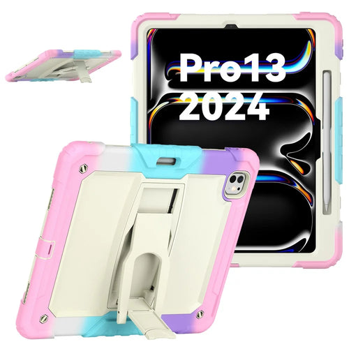 For iPad Pro 13 (2025) / 13 (2024) Case PC+Silicone Tablet Cover with Pen Slot and Shoulder Strap - Camo Pink - 1