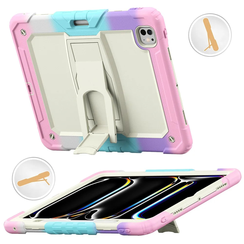 For iPad Pro 13 (2025) / 13 (2024) Case PC+Silicone Tablet Cover with Pen Slot and Shoulder Strap - Camo Pink - 2