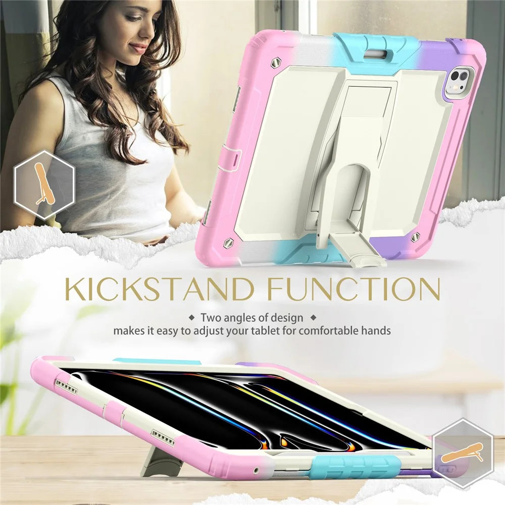 For iPad Pro 13 (2025) / 13 (2024) Case PC+Silicone Tablet Cover with Pen Slot and Shoulder Strap - Camo Pink - 5