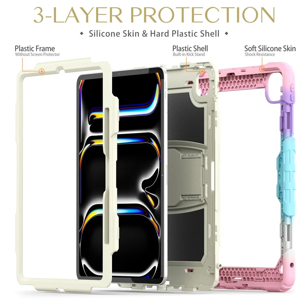 For iPad Pro 13 (2025) / 13 (2024) Case PC+Silicone Tablet Cover with Pen Slot and Shoulder Strap - Camo Pink - 6