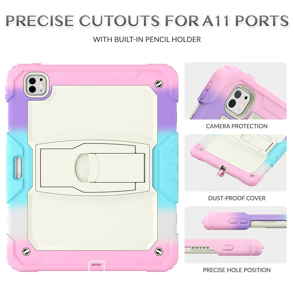 For iPad Pro 13 (2025) / 13 (2024) Case PC+Silicone Tablet Cover with Pen Slot and Shoulder Strap - Camo Pink - 7