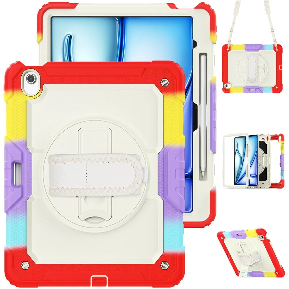For iPad Air 13 (2026) / (2025) / (2024) Case Hand Strap Kickstand PC+Silicone Tablet Cover with PET Screen Film - Colorful Red - 1