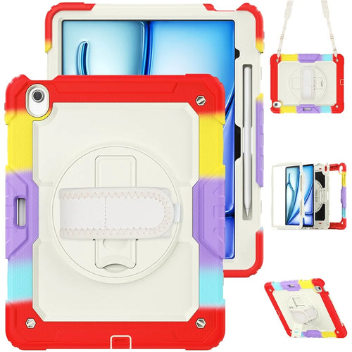 For iPad Air 13 (2026) / (2025) / (2024) Case Hand Strap Kickstand PC+Silicone Tablet Cover with PET Screen Film - Colorful Red - 1