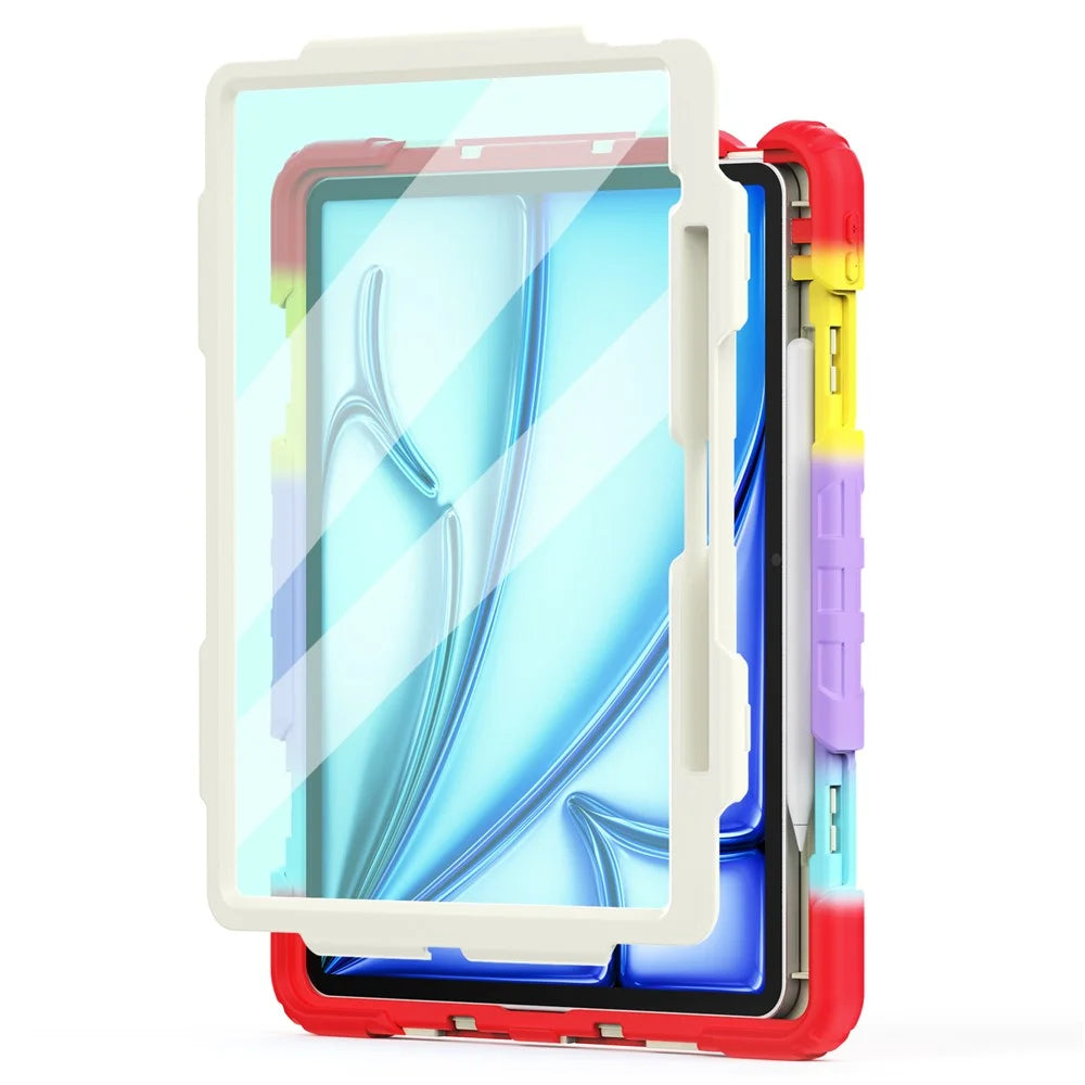 For iPad Air 13 (2026) / (2025) / (2024) Case Hand Strap Kickstand PC+Silicone Tablet Cover with PET Screen Film - Colorful Red - 4