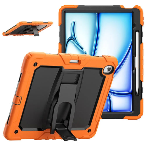For iPad Air 13 (2026) / (2025) / (2024) Case PC+Silicone Kickstand Pen Slot Tablet Cover with Shoulder Strap - Orange - 1