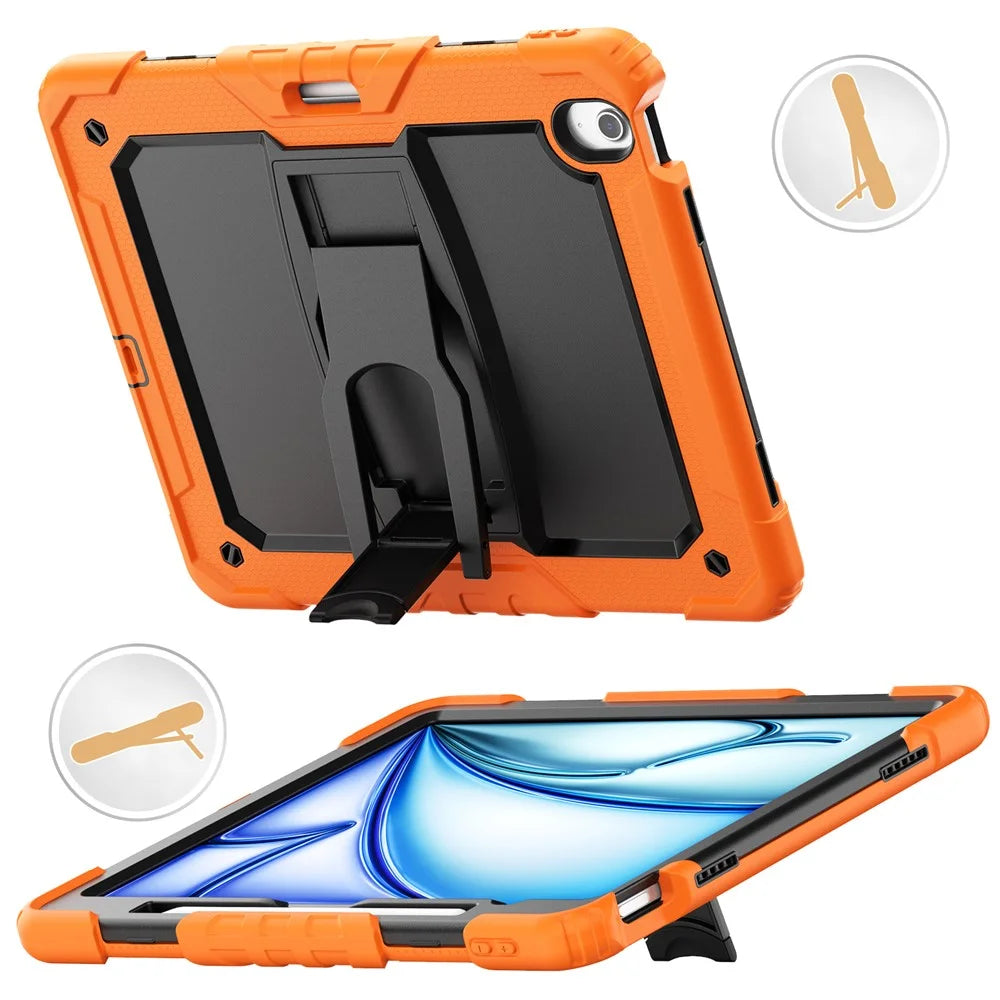 For iPad Air 13 (2026) / (2025) / (2024) Case PC+Silicone Kickstand Pen Slot Tablet Cover with Shoulder Strap - Orange - 2